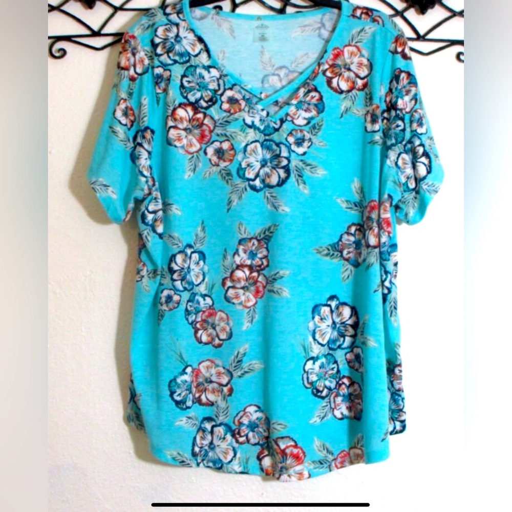 EUC St. John's Bay Floral V-Neck Blouse - Teal